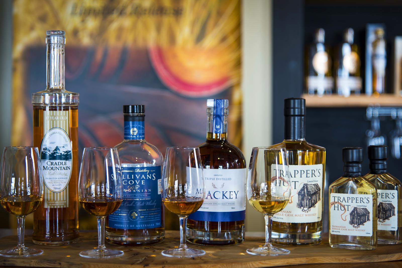 a group of bottles of whisky from the Tasmanian Whisky Week 2024, Motel 429 provides motel accommodation in Hobart for those travelling to the event